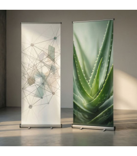 Roll‑up Display mit zwei Beispielmotiven – Network und Aloe – individuell gestaltbar