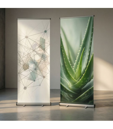 Roll‑up Display mit zwei Beispielmotiven – Network und Aloe – individuell gestaltbar